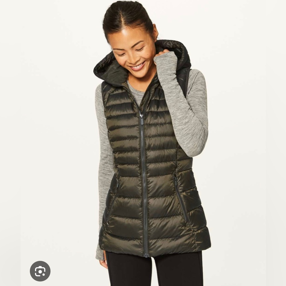 Lululemon Down for It vest, 700 count goose down, size 6, shine olive green